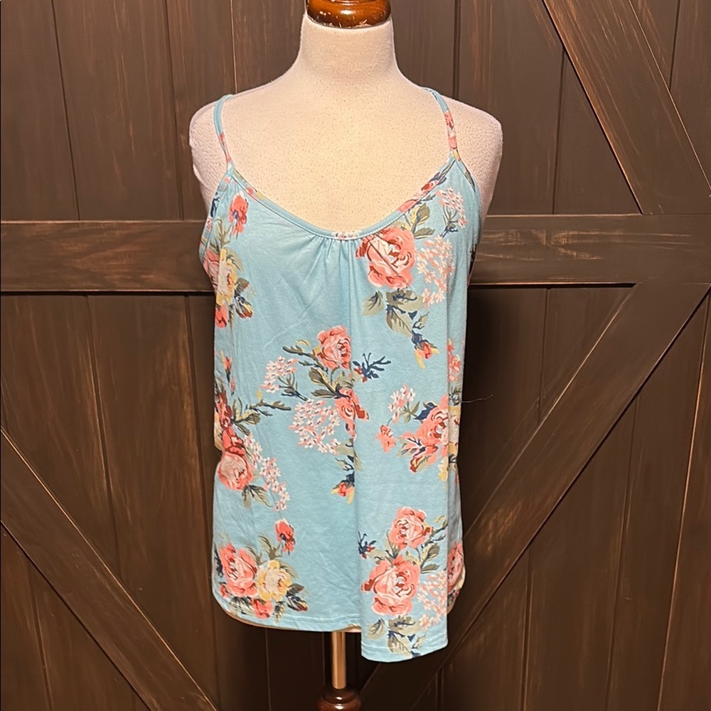 Cyanstyle-Floral Print Blue Camisole